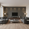 Bonaire White on Charcoal | Thibaut Wallcoverings - Living Room Visualization (AI-generated, may not be to scale. Verify pattern scale with product specifications.)