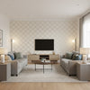 Majuli Trellis Pearl | Thibaut Wallcoverings - Living Room Visualization (AI-generated, may not be to scale. Verify pattern scale with product specifications.)