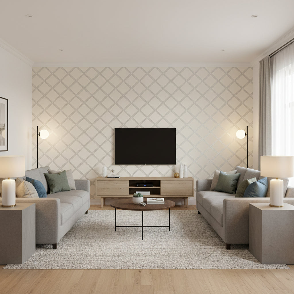 Majuli Trellis Pearl | Thibaut Wallcoverings - Living Room Visualization (AI-generated, may not be to scale. Verify pattern scale with product specifications.)