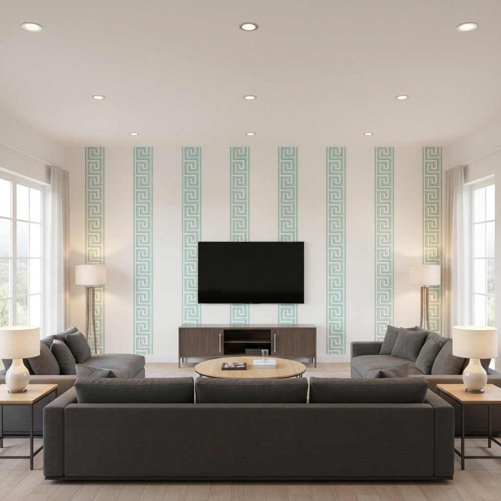Andreas Stripe Aqua | Thibaut Wallcoverings - Living Room Visualization (AI-generated, may not be to scale. Verify pattern scale with product specifications.)