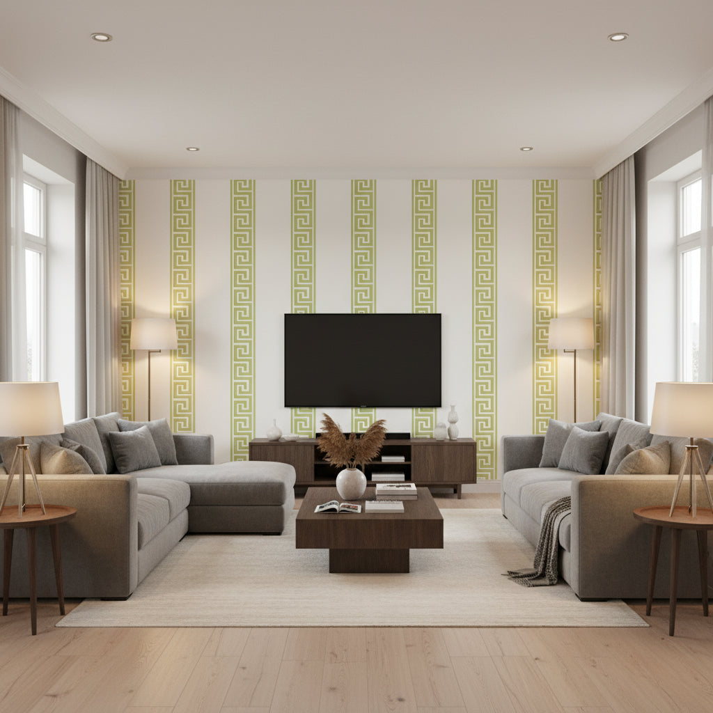 Andreas Stripe Green | Thibaut Wallcoverings - Living Room Visualization (AI-generated, may not be to scale. Verify pattern scale with product specifications.)