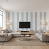Andreas Stripe Blue | Thibaut Wallcoverings - Living Room Visualization (AI-generated, may not be to scale. Verify pattern scale with product specifications.)