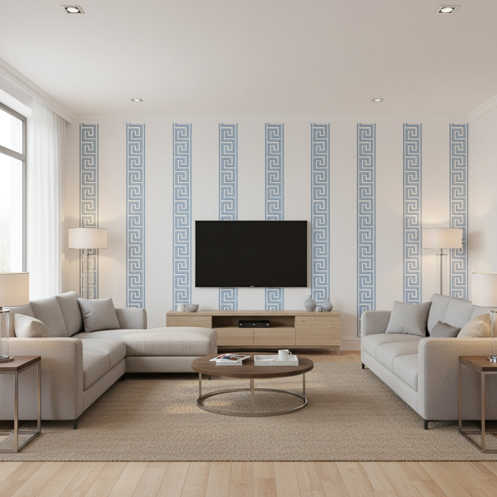 Andreas Stripe Blue | Thibaut Wallcoverings - Living Room Visualization (AI-generated, may not be to scale. Verify pattern scale with product specifications.)