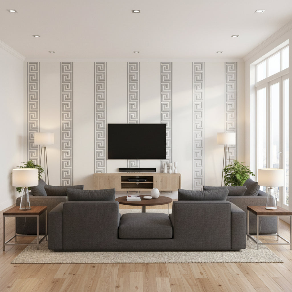 Andreas Stripe Metallic Silver on White | Thibaut Wallcoverings - Living Room Visualization (AI-generated, may not be to scale. Verify pattern scale with product specifications.)