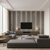 Andreas Stripe Metallic Silver on Charcoal | Thibaut Wallcoverings - Living Room Visualization (AI-generated, may not be to scale. Verify pattern scale with product specifications.)