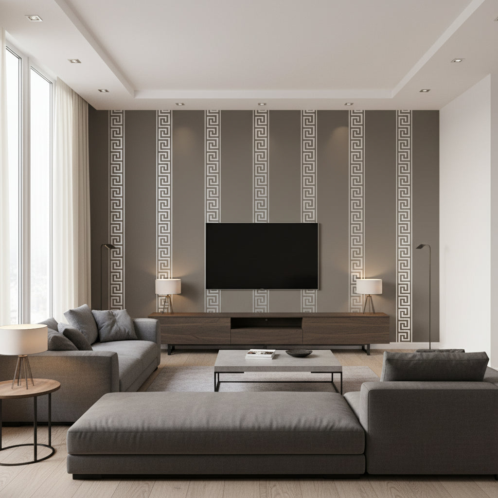 Andreas Stripe Metallic Silver on Charcoal | Thibaut Wallcoverings - Living Room Visualization (AI-generated, may not be to scale. Verify pattern scale with product specifications.)
