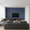Farris Silver on Navy | Thibaut Wallcoverings - Living Room Visualization (AI-generated, may not be to scale. Verify pattern scale with product specifications.)