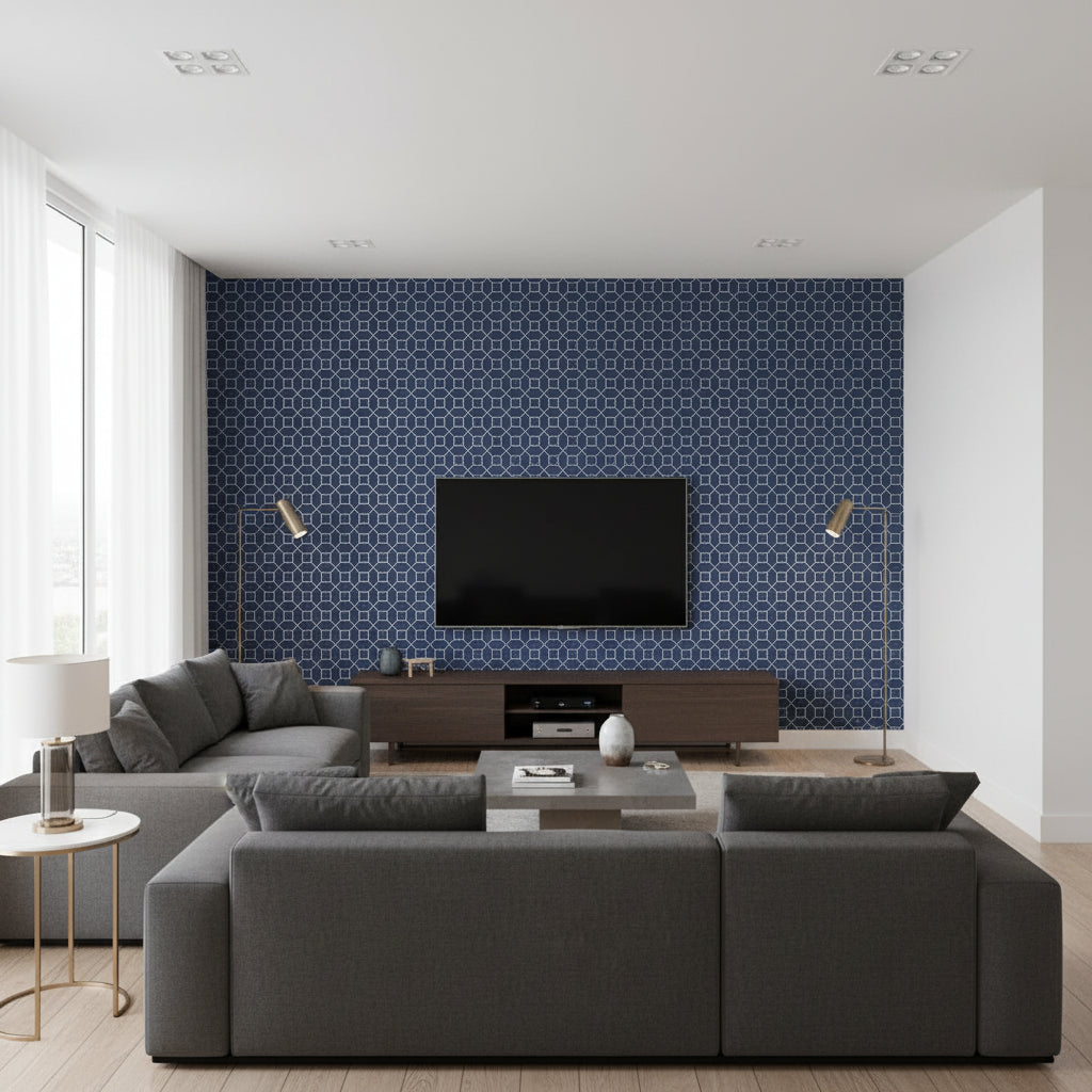Farris Silver on Navy | Thibaut Wallcoverings - Living Room Visualization (AI-generated, may not be to scale. Verify pattern scale with product specifications.)