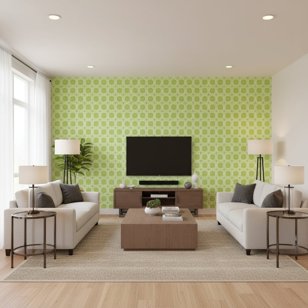 Gilon Green | Thibaut Wallcoverings - Living Room Visualization (AI-generated, may not be to scale. Verify pattern scale with product specifications.)