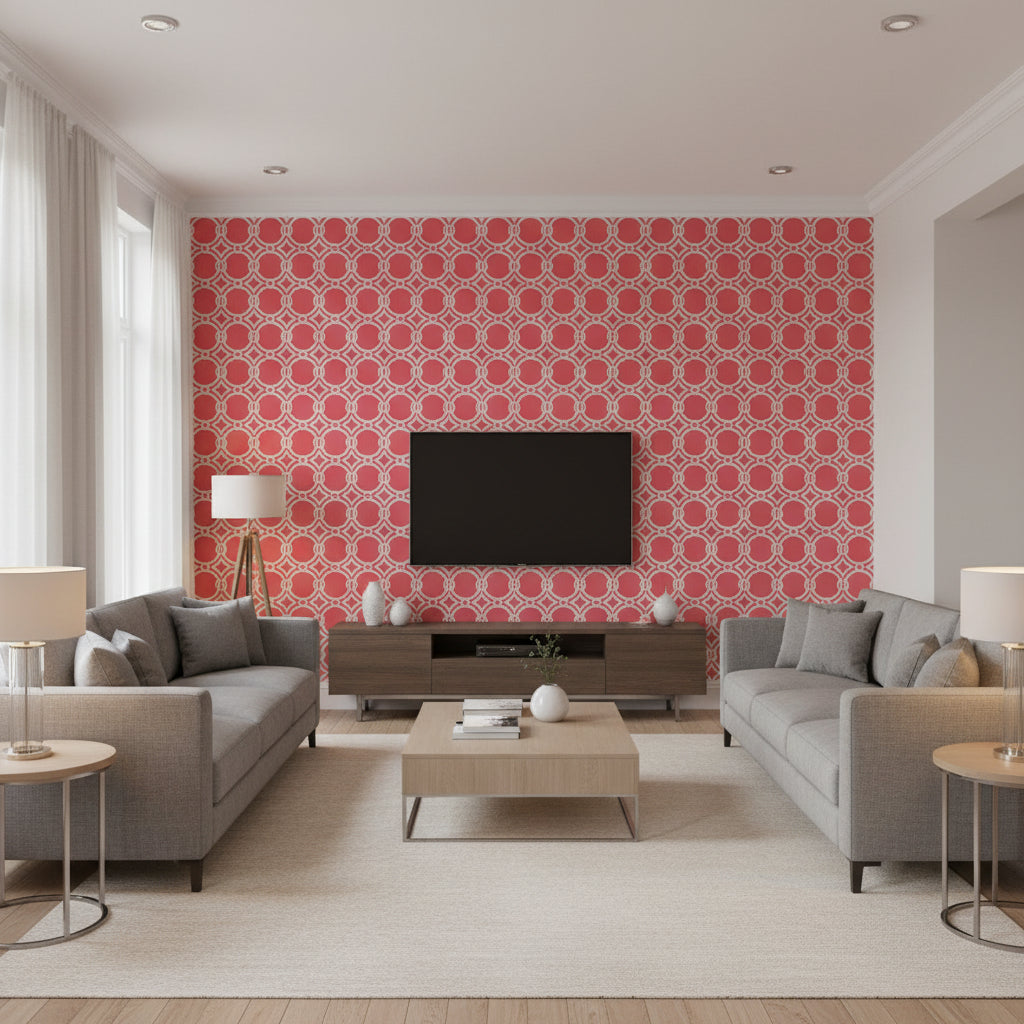 Gilon Raspberry | Thibaut Wallcoverings - Living Room Visualization (AI-generated, may not be to scale. Verify pattern scale with product specifications.)