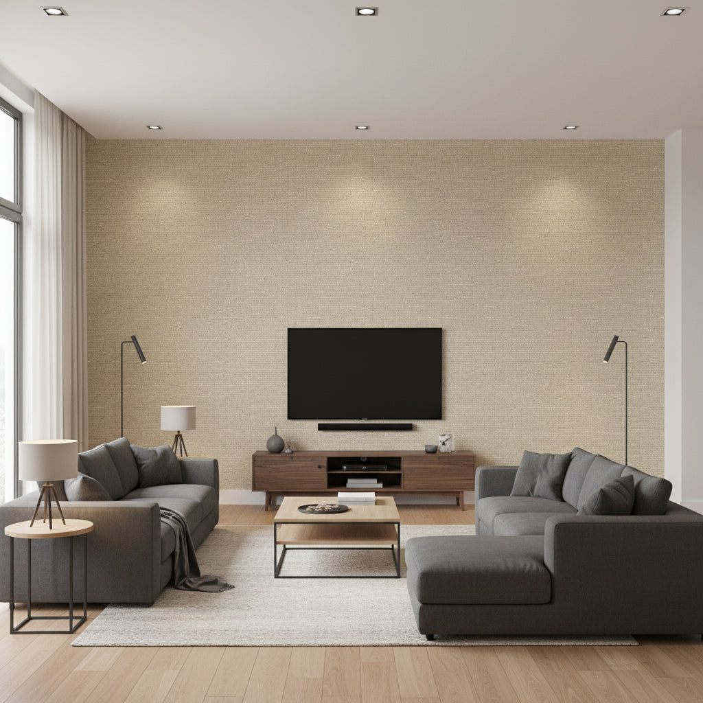 Adriatic Flax | Thibaut Wallcoverings - Living Room Visualization (AI-generated, may not be to scale. Verify pattern scale with product specifications.)