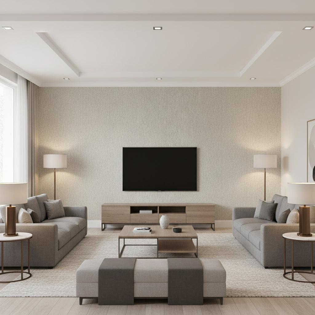 Adriatic Grey | Thibaut Wallcoverings - Living Room Visualization (AI-generated, may not be to scale. Verify pattern scale with product specifications.)