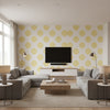 Halie Circle Yellow | Thibaut Wallcoverings - Living Room Visualization (AI-generated, may not be to scale. Verify pattern scale with product specifications.)