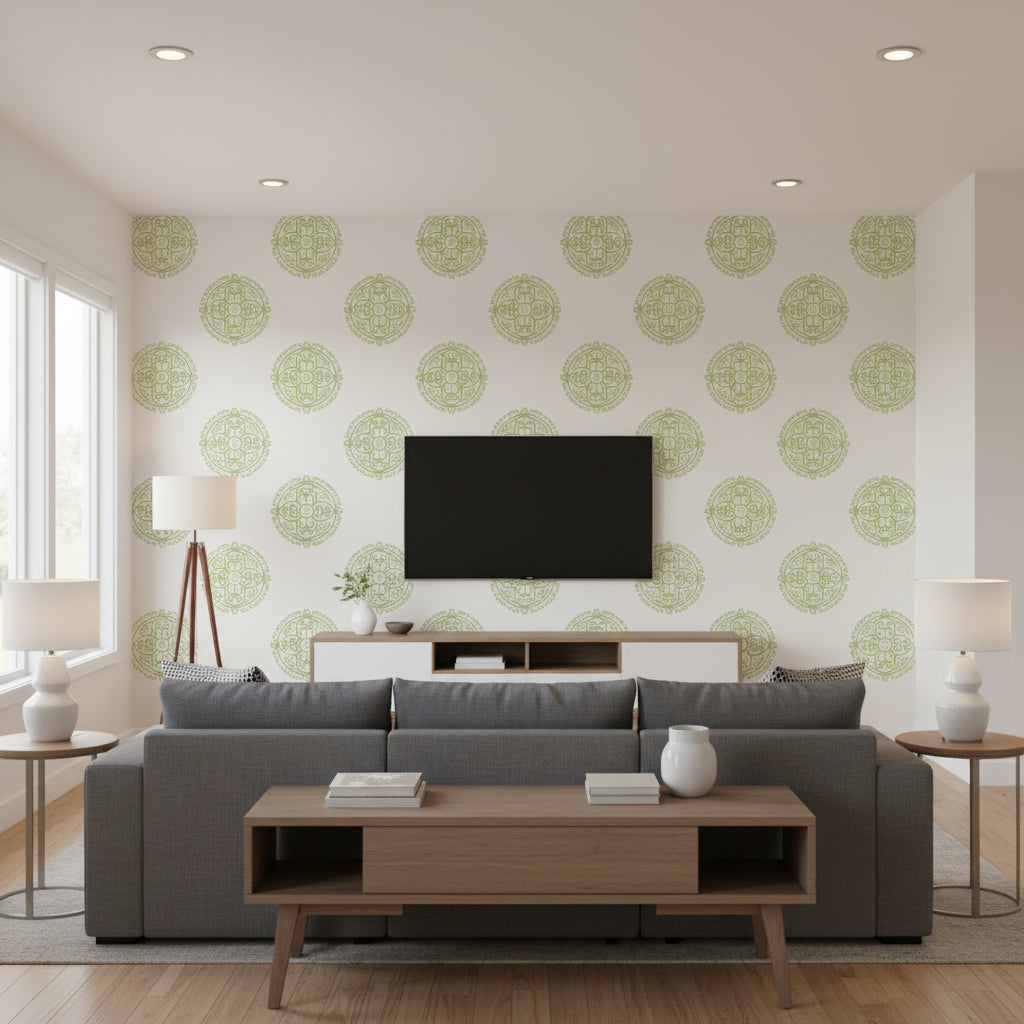 Halie Circle Green | Thibaut Wallcoverings - Living Room Visualization (AI-generated, may not be to scale. Verify pattern scale with product specifications.)