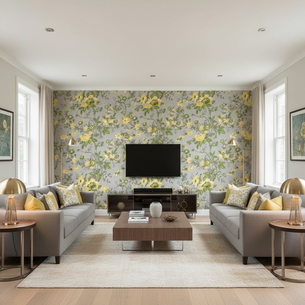 Nemour Grey | Thibaut Wallcoverings - Living Room Visualization (AI-generated, may not be to scale. Verify pattern scale with product specifications.)