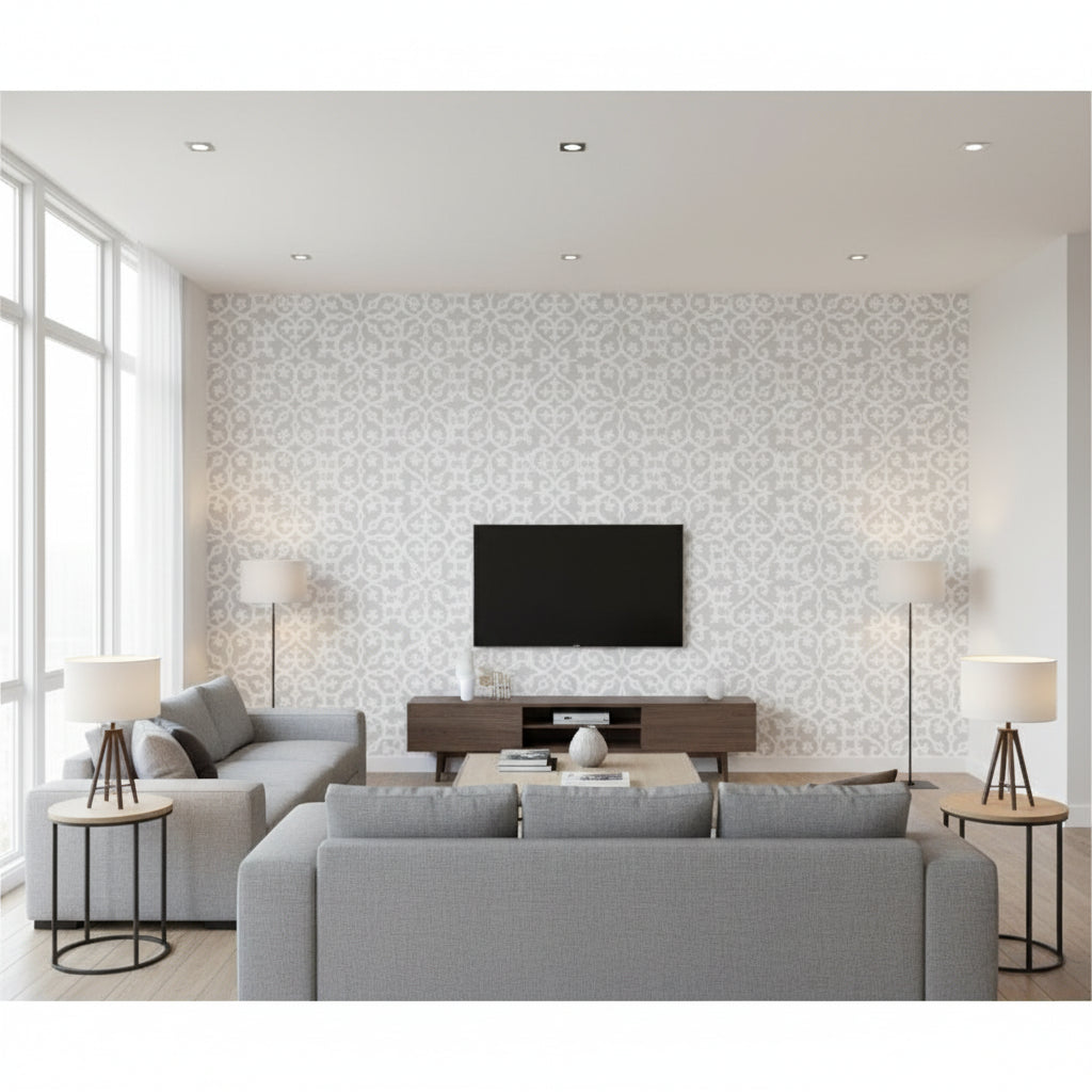 Allison Grey | Thibaut Wallcoverings - Living Room Visualization (AI-generated, may not be to scale. Verify pattern scale with product specifications.)