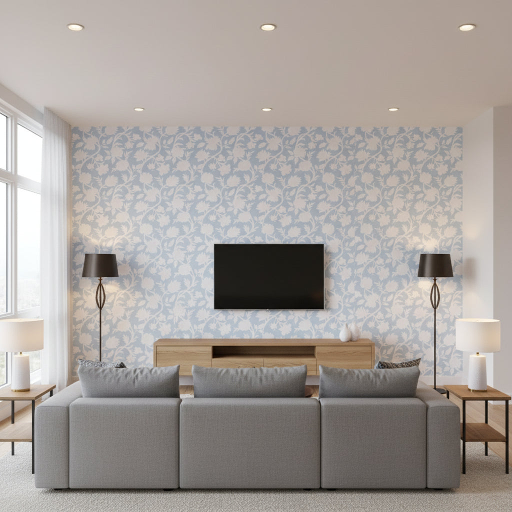 Cabrera Blue | Thibaut Wallcoverings - Living Room Visualization (AI-generated, may not be to scale. Verify pattern scale with product specifications.)