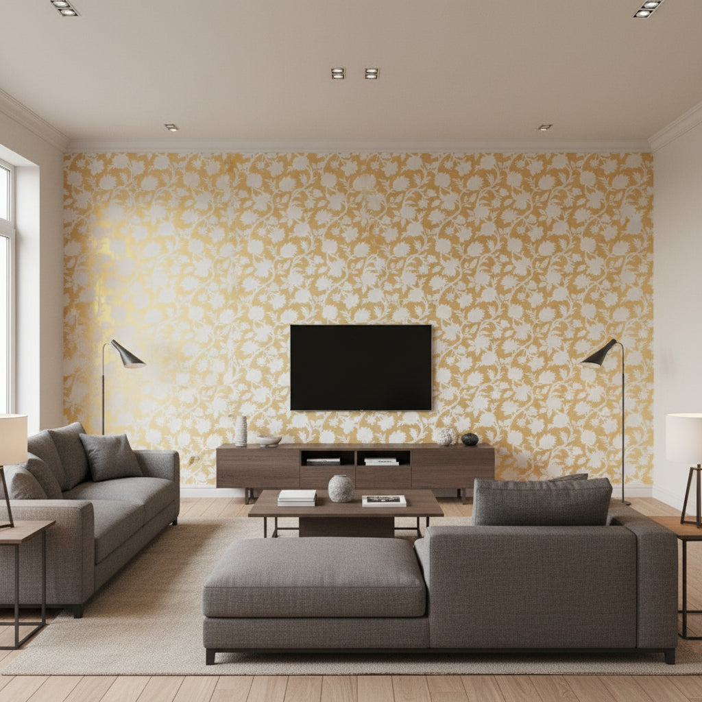 Cabrera Metallic Gold | Thibaut Wallcoverings - Living Room Visualization (AI-generated, may not be to scale. Verify pattern scale with product specifications.)