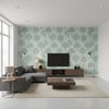 Russell Square Linen on Aqua | Thibaut Wallcoverings - Living Room Visualization (AI-generated, may not be to scale. Verify pattern scale with product specifications.)