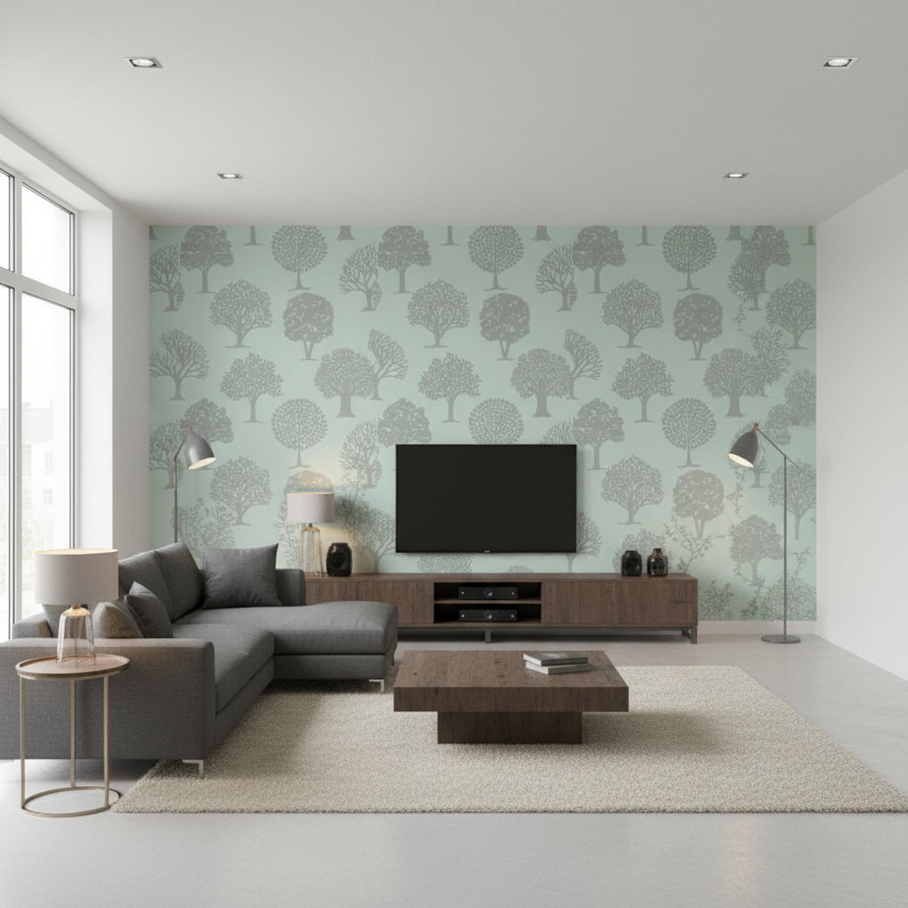 Russell Square Linen on Aqua | Thibaut Wallcoverings - Living Room Visualization (AI-generated, may not be to scale. Verify pattern scale with product specifications.)
