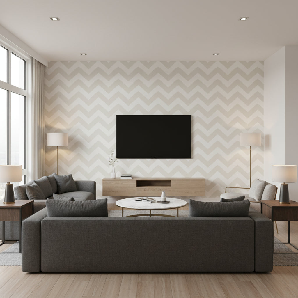Widenor Chevron Grey | Thibaut Wallcoverings - Living Room Visualization (AI-generated, may not be to scale. Verify pattern scale with product specifications.)