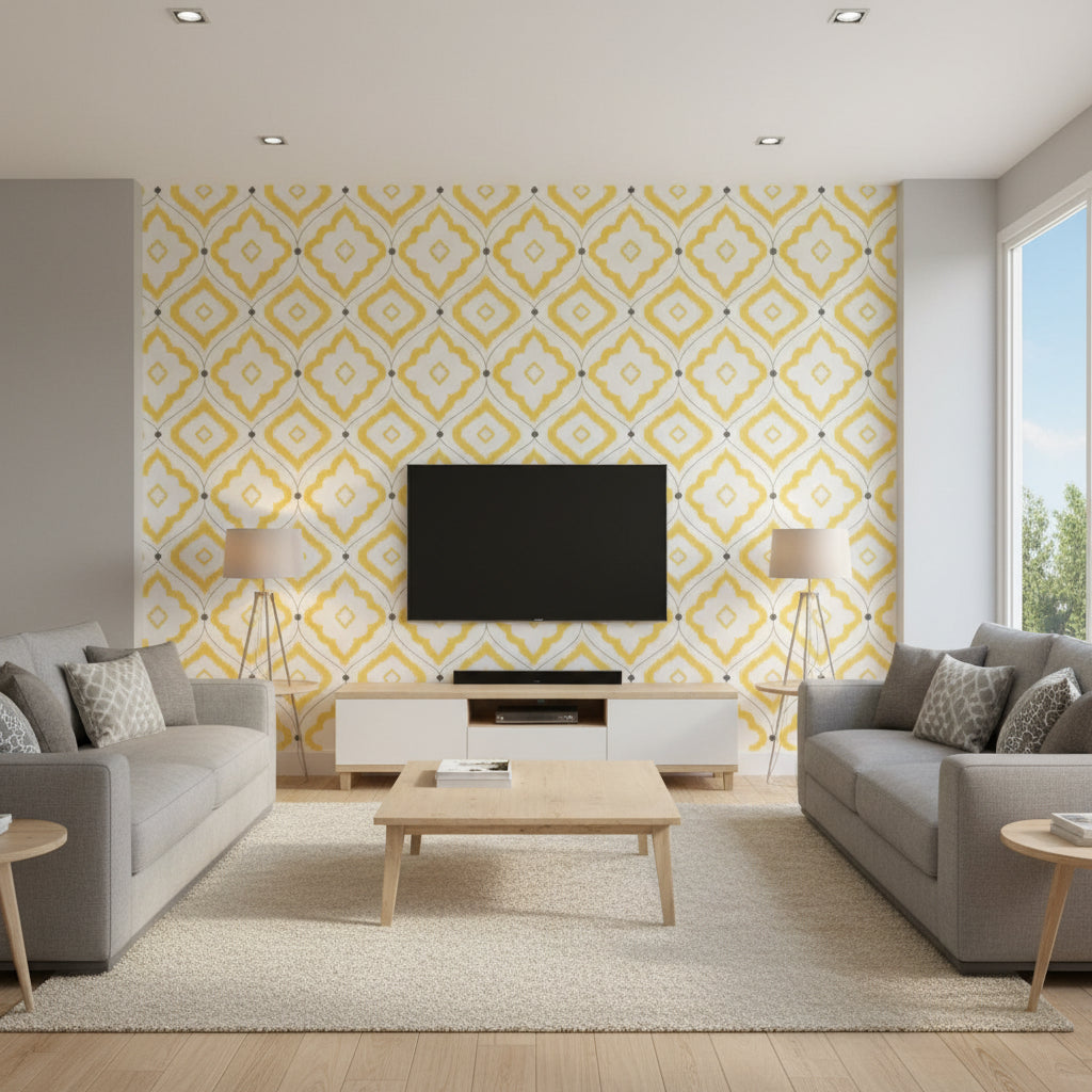 Bungalow Yellow | Thibaut Wallcoverings - Living Room Visualization (AI-generated, may not be to scale. Verify pattern scale with product specifications.)