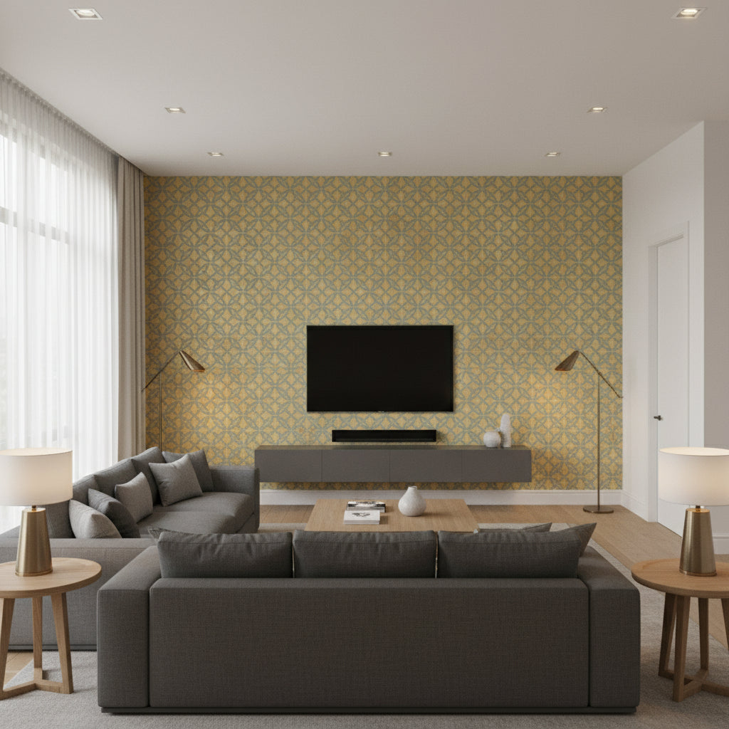 Bal Harbour Patina | Thibaut Wallcoverings - Living Room Visualization (AI-generated, may not be to scale. Verify pattern scale with product specifications.)