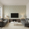 Bankun Damask Teal | Thibaut Wallcoverings - Living Room Visualization (AI-generated, may not be to scale. Verify pattern scale with product specifications.)