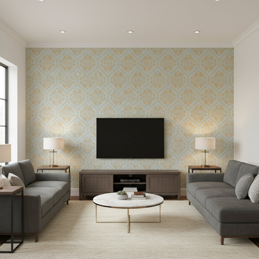 Bankun Damask Teal | Thibaut Wallcoverings - Living Room Visualization (AI-generated, may not be to scale. Verify pattern scale with product specifications.)