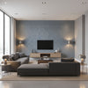 Bankun Raffia Blue | Thibaut Wallcoverings - Living Room Visualization (AI-generated, may not be to scale. Verify pattern scale with product specifications.)