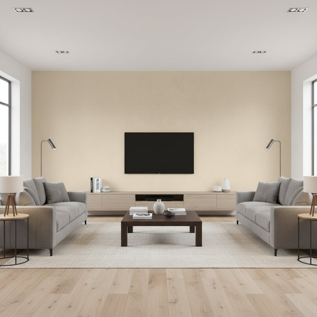 Bilzen Linen Aqua on Cream | Thibaut Wallcoverings - Living Room Visualization (AI-generated, may not be to scale. Verify pattern scale with product specifications.)