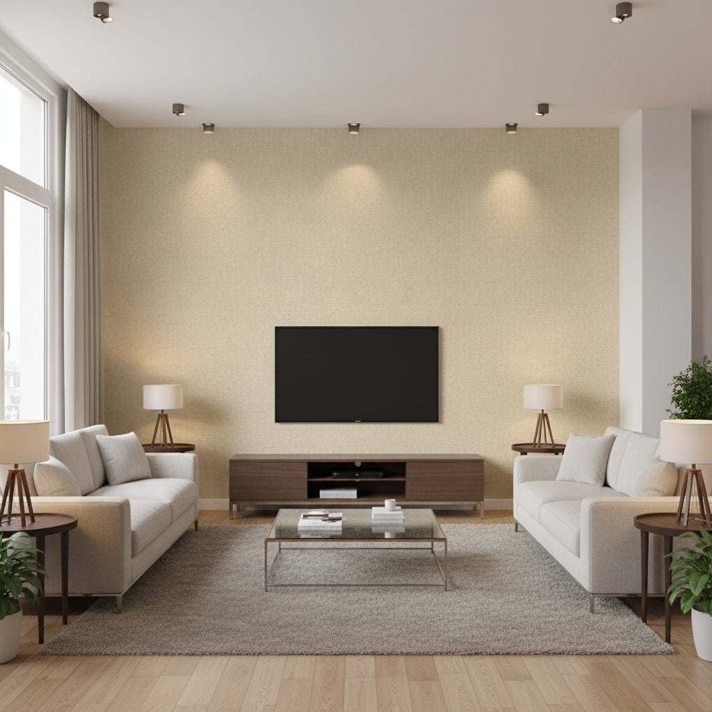 Flanders Flax | Thibaut Wallcoverings - Living Room Visualization (AI-generated, may not be to scale. Verify pattern scale with product specifications.)