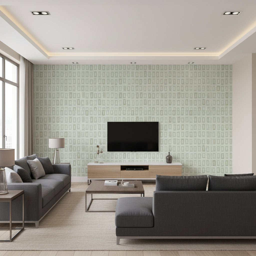 Katsu Aqua | Thibaut Wallcoverings - Living Room Visualization (AI-generated, may not be to scale. Verify pattern scale with product specifications.)