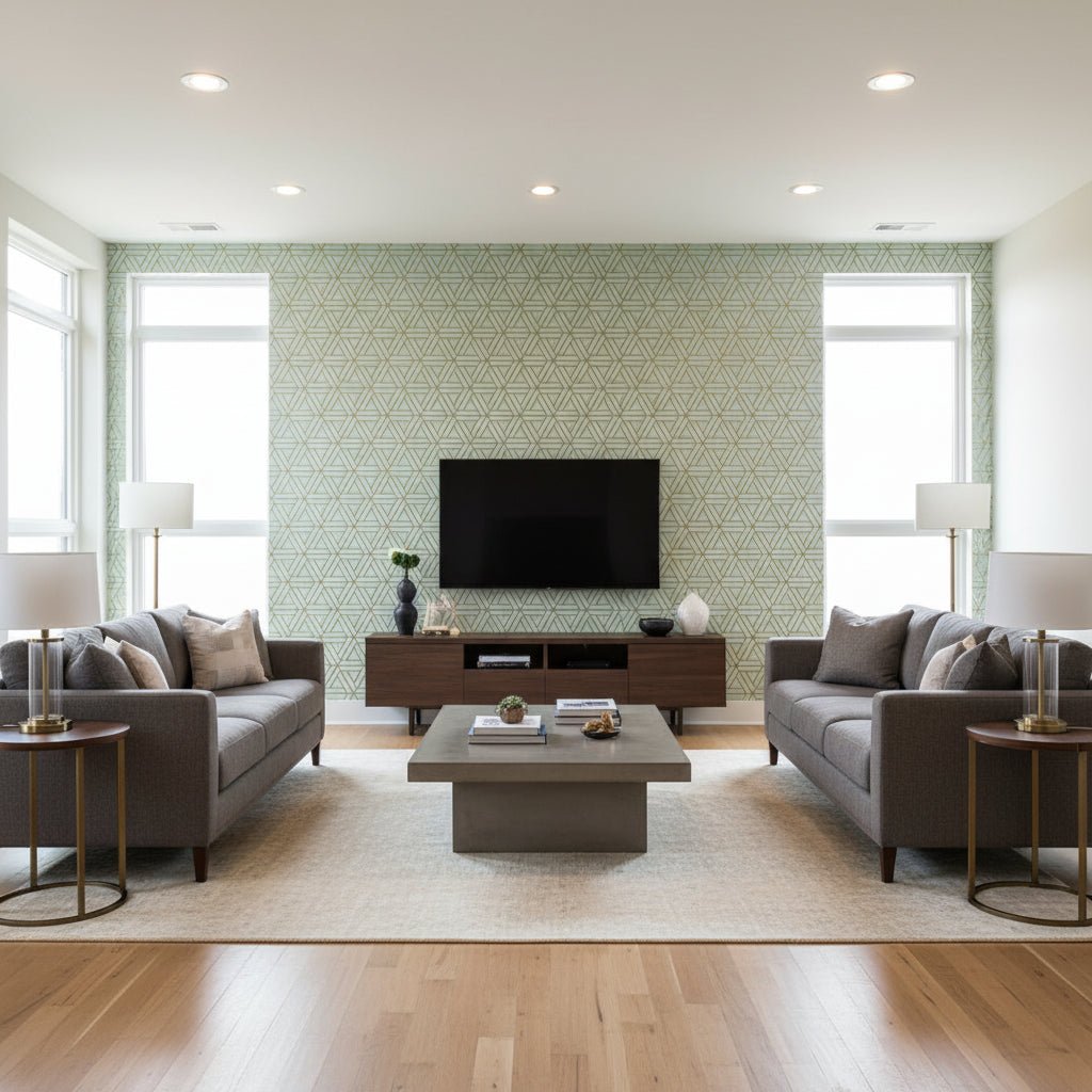 Medina Metallic on Aqua | Thibaut Wallcoverings - Living Room Visualization (AI-generated, may not be to scale. Verify pattern scale with product specifications.)