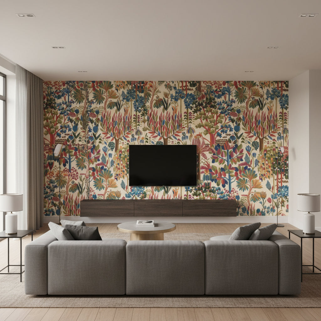 Alpine Festival | Thibaut Wallcoverings - Living Room Visualization (AI-generated, may not be to scale. Verify pattern scale with product specifications.)