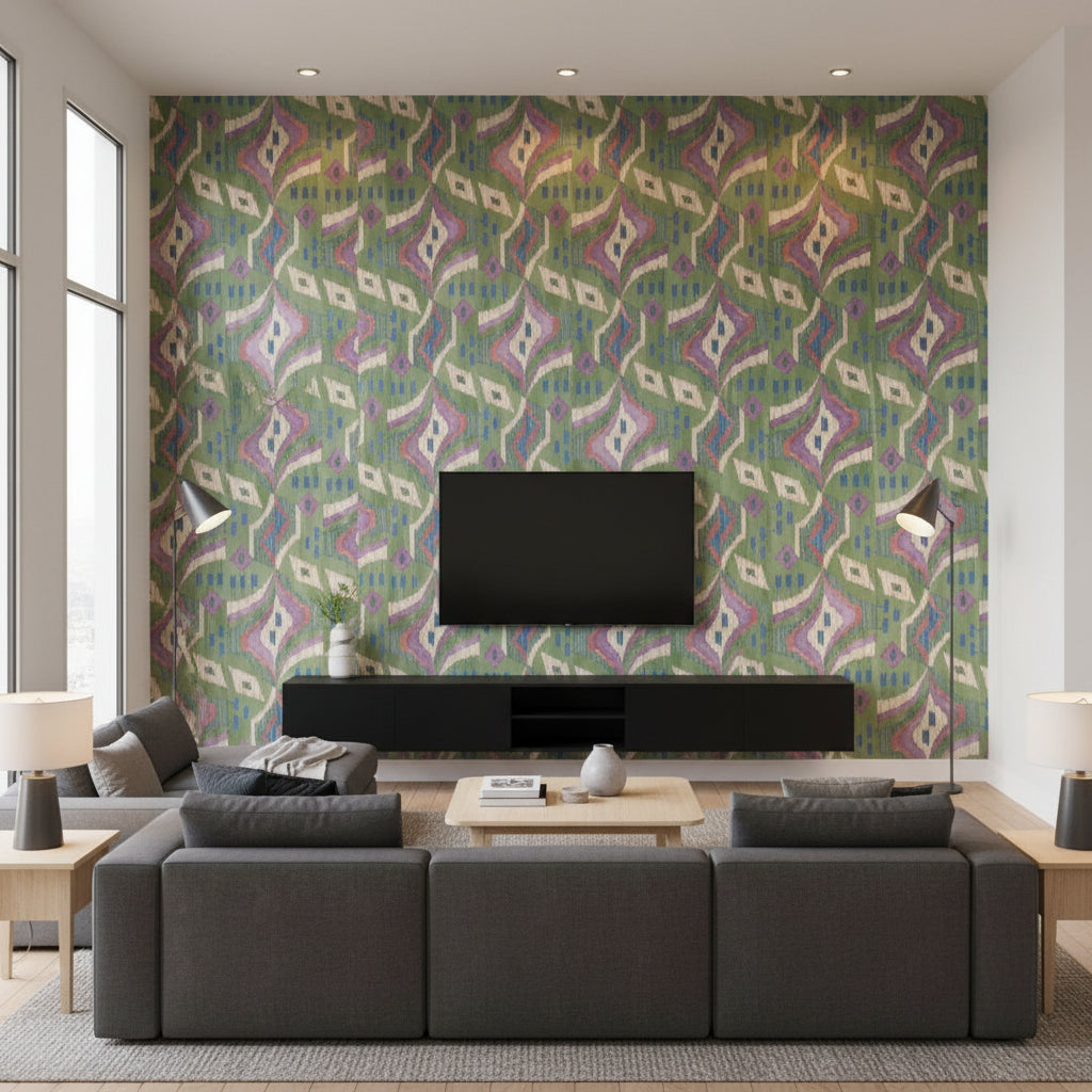 Artesian Wild Sage | Thibaut Wallcoverings - Living Room Visualization (AI-generated, may not be to scale. Verify pattern scale with product specifications.)