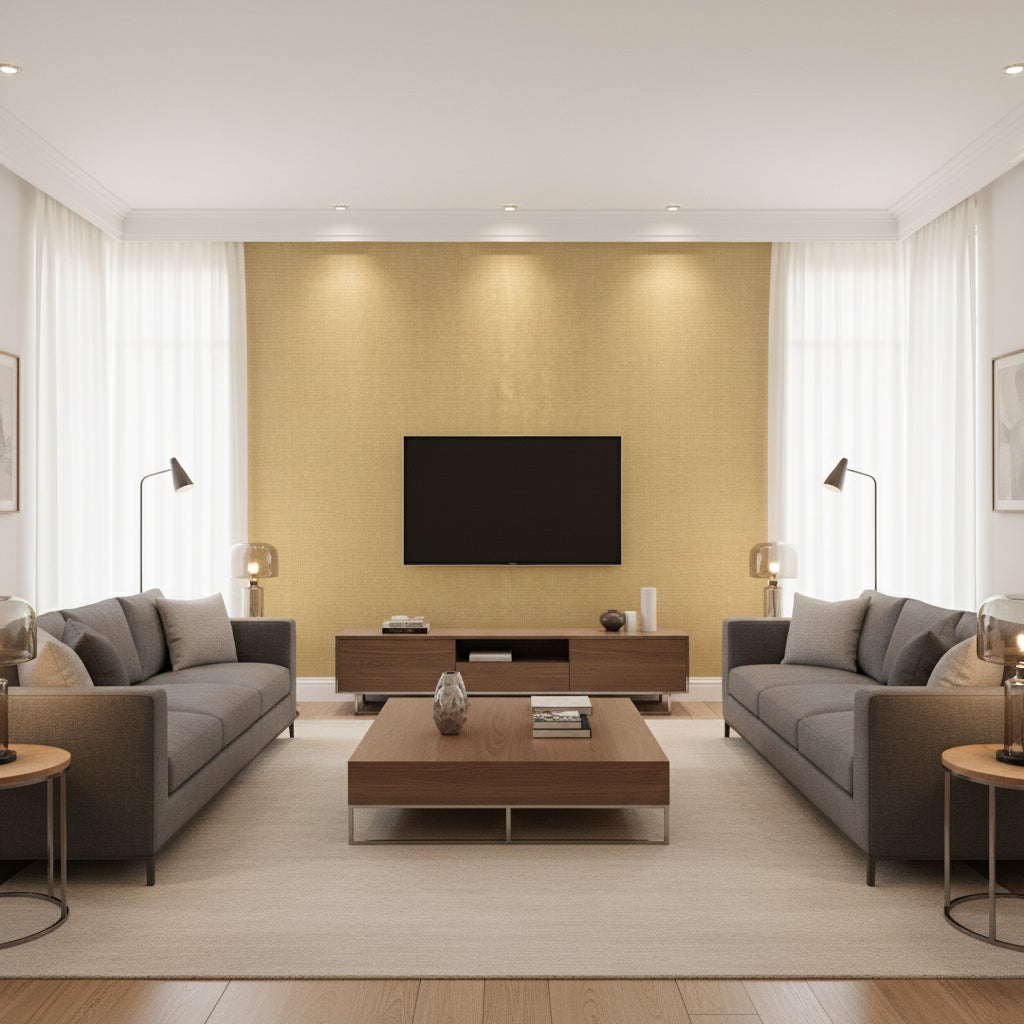 Carolina Raffia Straw | Thibaut Wallcoverings - Living Room Visualization (AI-generated, may not be to scale. Verify pattern scale with product specifications.)
