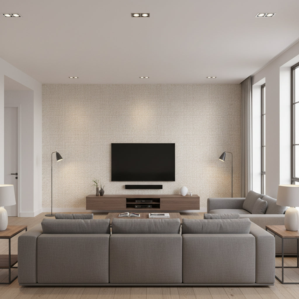 Lauderdale White | Thibaut Wallcoverings - Living Room Visualization (AI-generated, may not be to scale. Verify pattern scale with product specifications.)