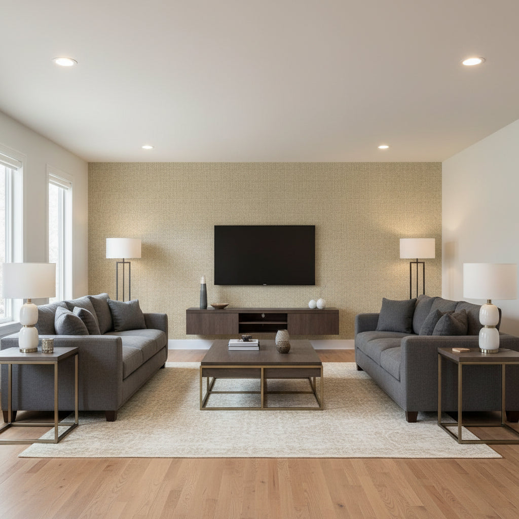 Lauderdale Tea | Thibaut Wallcoverings - Living Room Visualization (AI-generated, may not be to scale. Verify pattern scale with product specifications.)