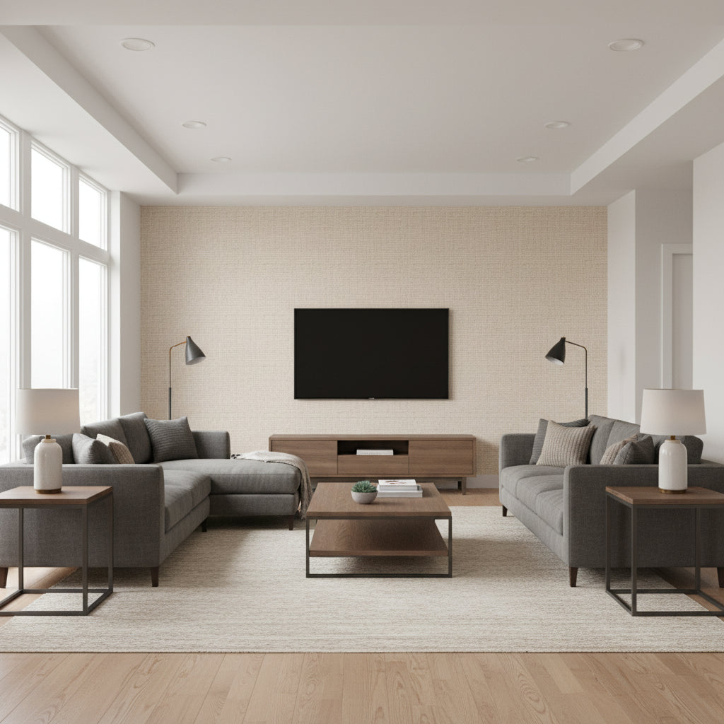 Lauderdale Beige | Thibaut Wallcoverings - Living Room Visualization (AI-generated, may not be to scale. Verify pattern scale with product specifications.)