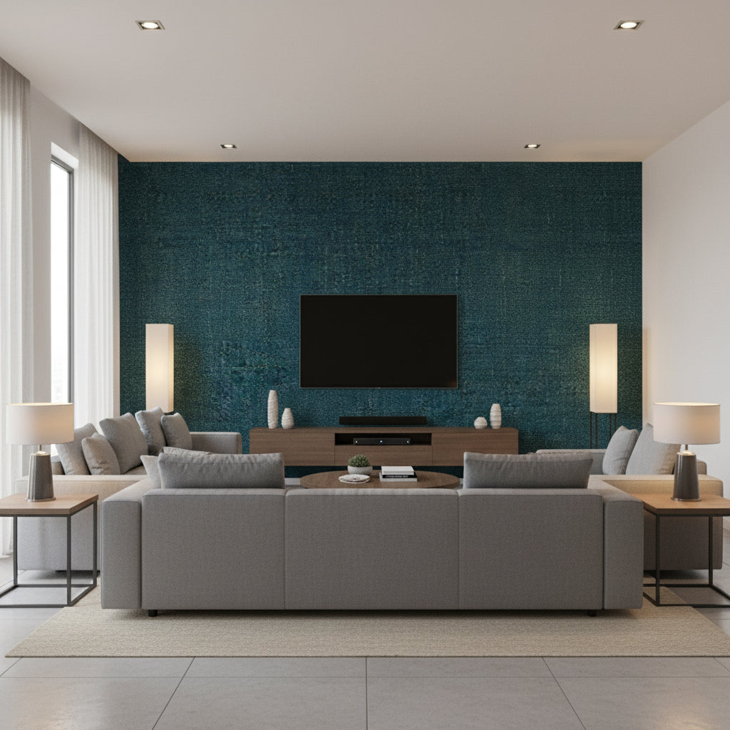 Lauderdale Navy | Thibaut Wallcoverings - Living Room Visualization (AI-generated, may not be to scale. Verify pattern scale with product specifications.)