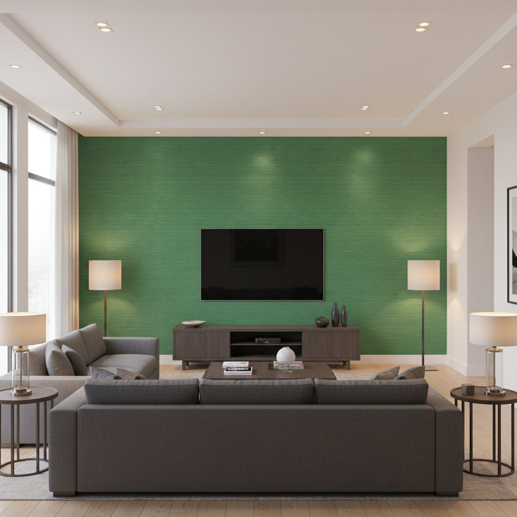 Shang Extra Fine Sisal Emerald Green | Thibaut Wallcoverings - Living Room Visualization (AI-generated, may not be to scale. Verify pattern scale with product specifications.)