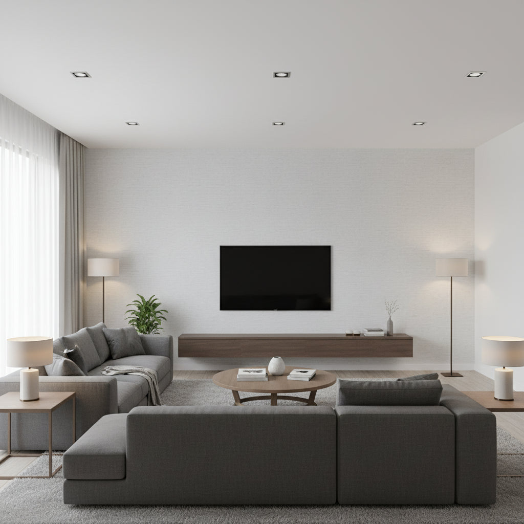 Shang Extra Fine Sisal Mist | Thibaut Wallcoverings - Living Room Visualization (AI-generated, may not be to scale. Verify pattern scale with product specifications.)
