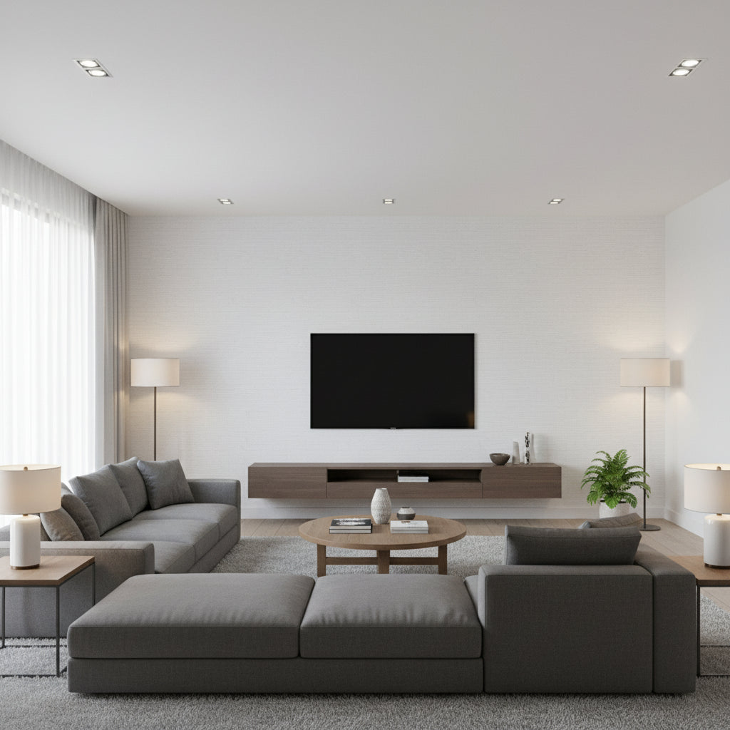 Shang Extra Fine Sisal Mist | Thibaut Wallcoverings - Living Room Visualization (AI-generated, may not be to scale. Verify pattern scale with product specifications.)