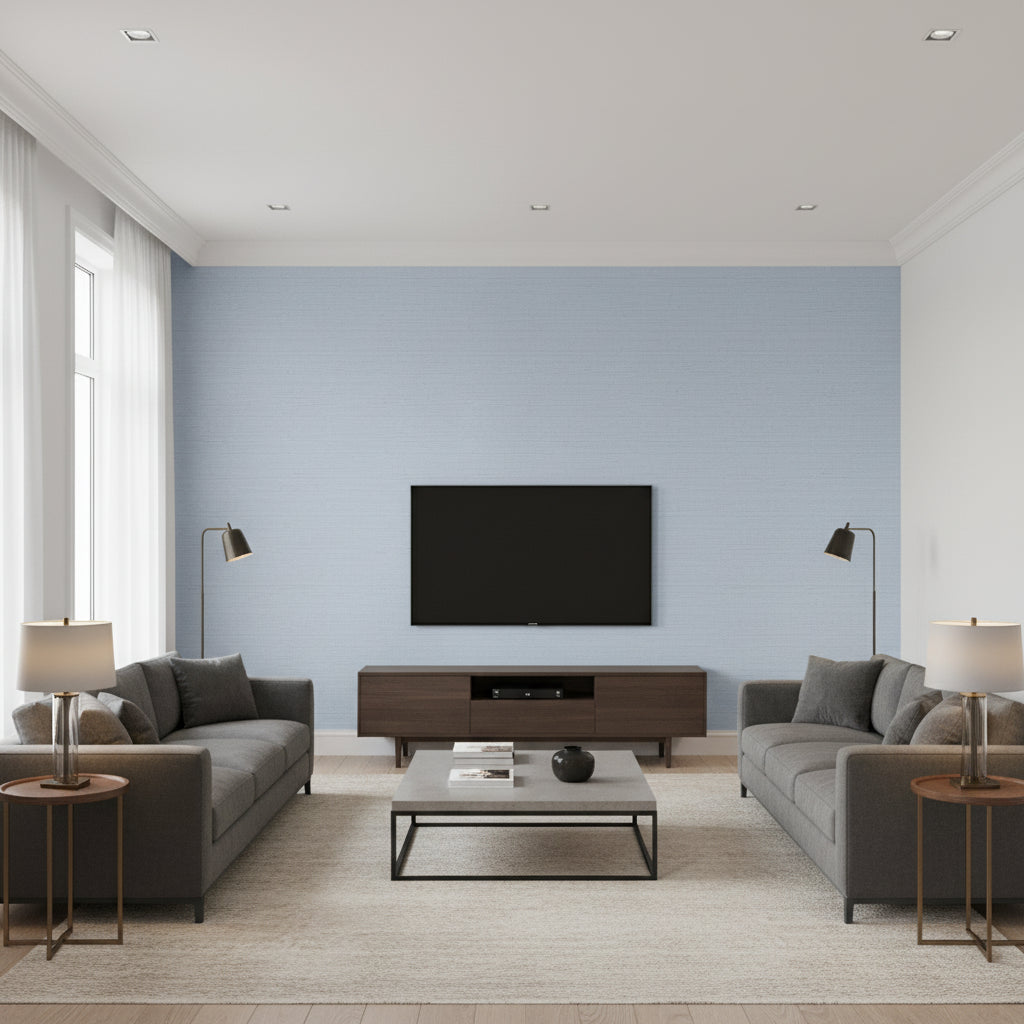 Shang Extra Fine Sisal Bahama | Thibaut Wallcoverings - Living Room Visualization (AI-generated, may not be to scale. Verify pattern scale with product specifications.)
