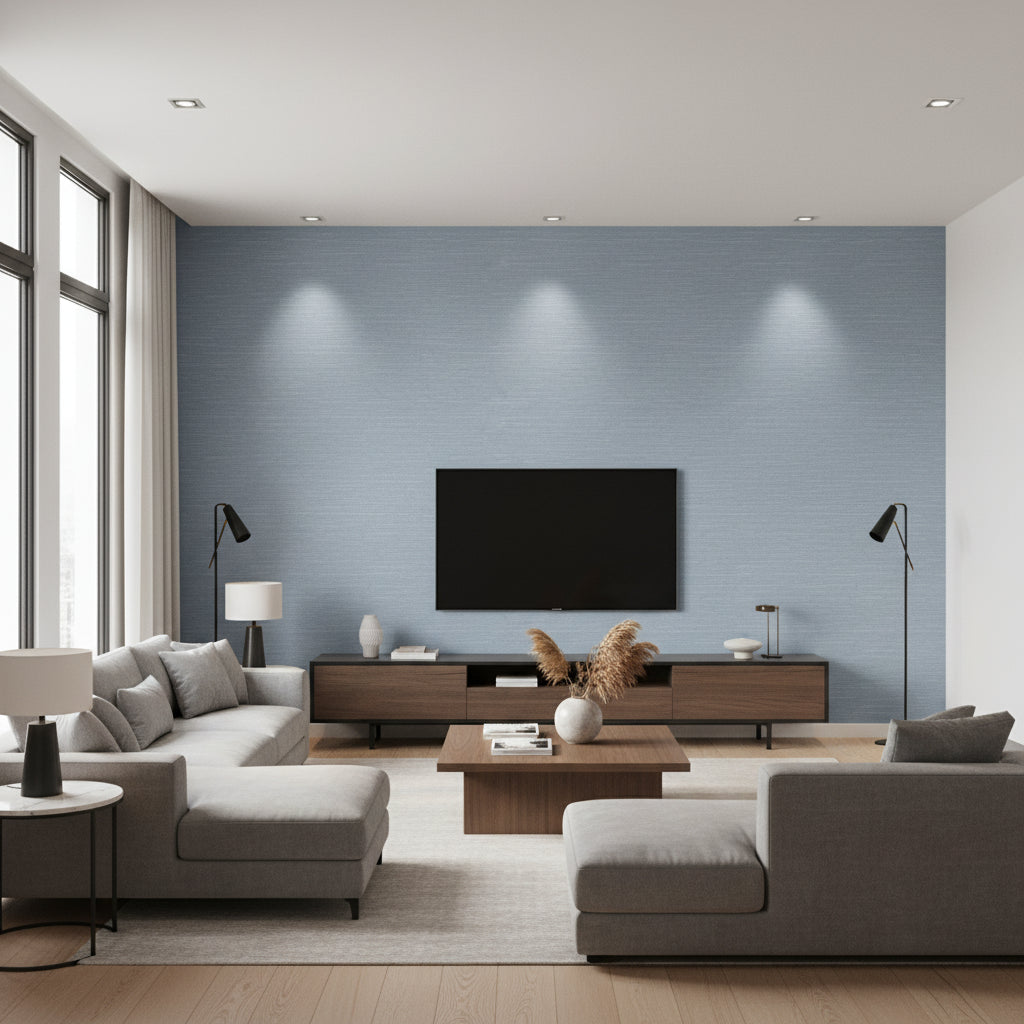Shang Extra Fine Sisal Blue Jay | Thibaut Wallcoverings - Living Room Visualization (AI-generated, may not be to scale. Verify pattern scale with product specifications.)