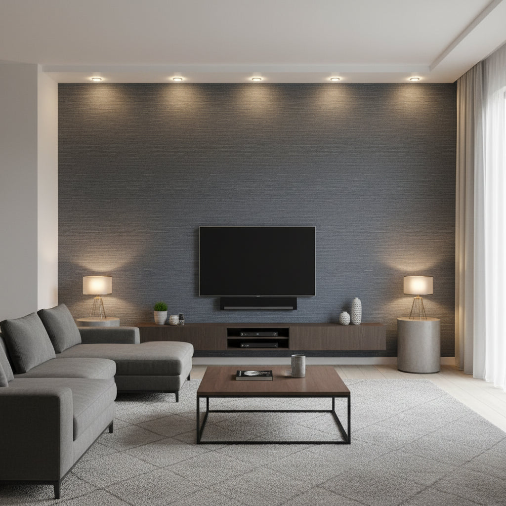Shang Extra Fine Sisal Coal | Thibaut Wallcoverings - Living Room Visualization (AI-generated, may not be to scale. Verify pattern scale with product specifications.)