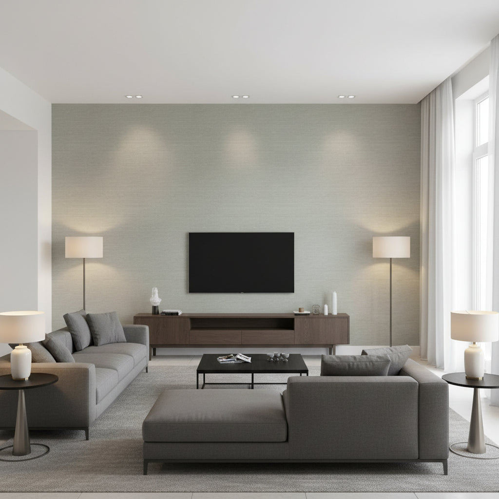Shang Extra Fine Sisal Flannel | Thibaut Wallcoverings - Living Room Visualization (AI-generated, may not be to scale. Verify pattern scale with product specifications.)