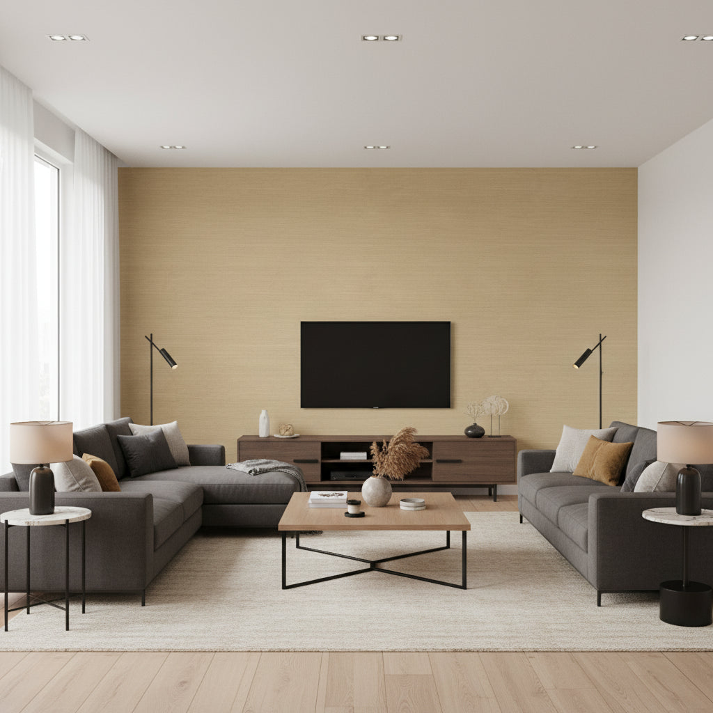 Shang Extra Fine Sisal Doe | Thibaut Wallcoverings - Living Room Visualization (AI-generated, may not be to scale. Verify pattern scale with product specifications.)