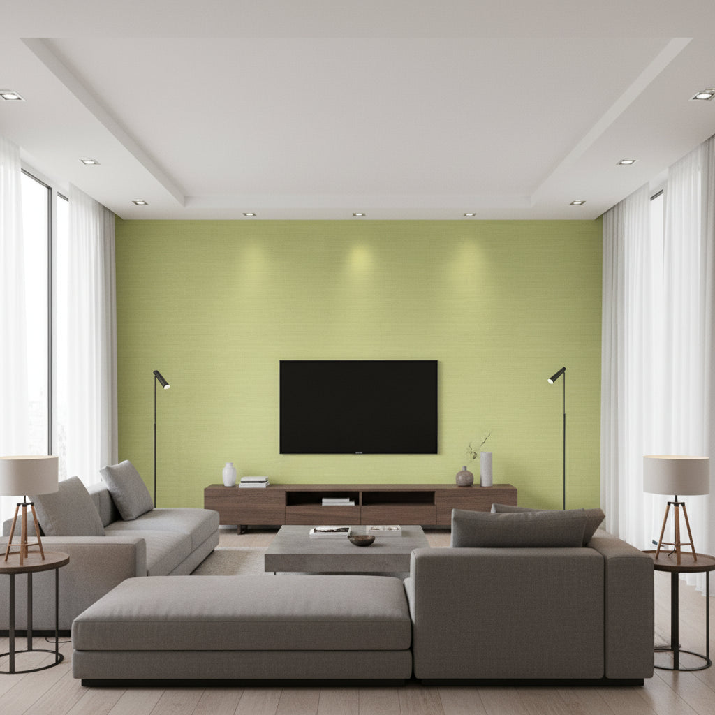 Shang Extra Fine Sisal Green | Thibaut Wallcoverings - Living Room Visualization (AI-generated, may not be to scale. Verify pattern scale with product specifications.)